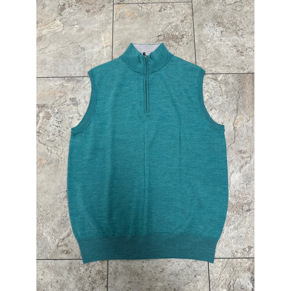Peter Millar 1/4 Zip Vest 100% Merino Wool Medium Blue Green Gray Collar Golf